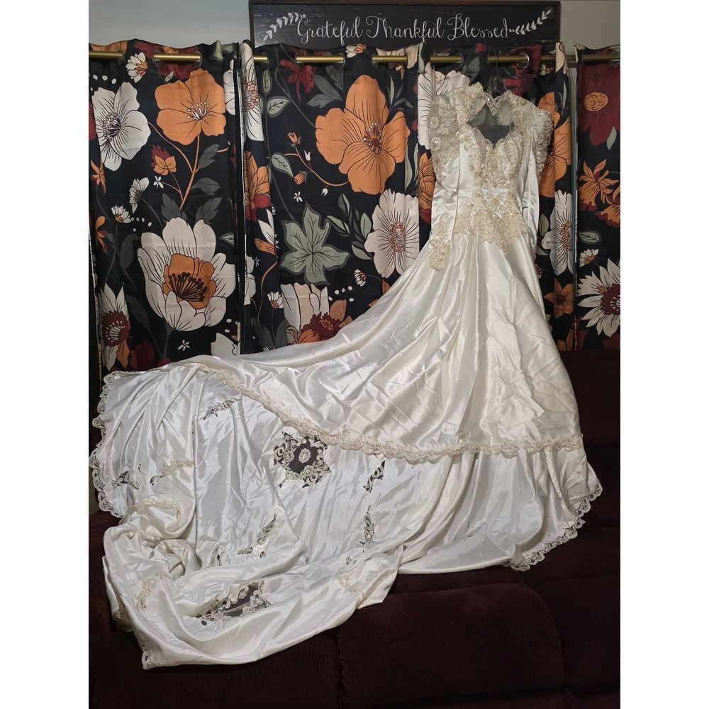 Bridal Originals Vintage Satin Lace Beaded Wedding Dress Cathedral Train Ivory 8